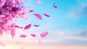 Delicate pink petals float gracefully against serene blue sky, creating tranquil and dreamy atmosphere. soft hues evoke feelings of peace and beauty in nature photo