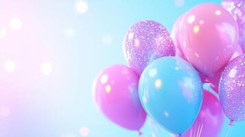 Colorful balloons in shades of pink and blue create festive atmosphere, perfect for celebrations and parties. sparkling texture adds touch of joy and excitement to any event photo