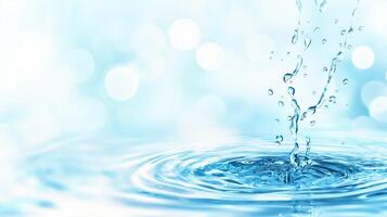 Water droplets create ripples in serene blue background, evoking sense of calm and tranquility. gentle splash and shimmering reflections enhance peaceful atmosphere photo