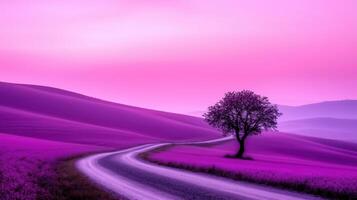 serene landscape featuring winding road through vibrant purple hills, with solitary tree standing gracefully. soft hues create tranquil and dreamy atmosphere photo