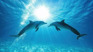 Dolphins swimming gracefully in clear blue water, illuminated by sunlight, create serene underwater scene. Their playful interaction evokes sense of joy and tranquility photo