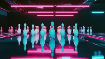 Bowling pins arranged in vibrant, neon lit bowling alley create striking visual. colorful reflections on polished surface enhance energetic atmosphere photo
