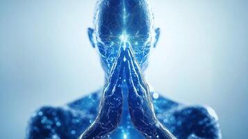 futurista digital figura con brillante azul circuitería es representado en meditativo pose, simbolizando tecnología y consciencia. sereno expresión evoca sentido de calma y introspección foto