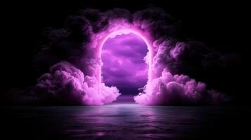 mystical portal emerges from vibrant purple clouds, casting enchanting glow over tranquil water below. This surreal scene evokes sense of wonder and imagination photo