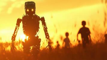 robot stands in golden field at sunset, with children playing in background, creating sense of wonder and curiosity. scene captures blend of technology and nature photo
