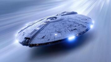 futuristic spaceship glides through cosmic landscape, emitting bright lights as it travels at high speed. sleek design and advanced technology evoke sense of wonder and adventure photo
