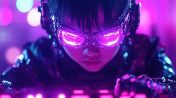 young child wearing futuristic goggles and headphones is immersed in vibrant, neon lit environment, showcasing blend of technology and creativity. colorful lights create energetic atmosphere photo