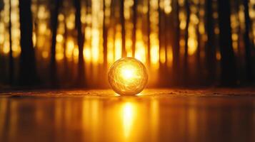 glowing orb radiates warm light amidst serene forest backdrop at sunset, creating magical atmosphere filled with tranquility and wonder photo