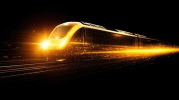 sleek, futuristic train speeds through night, leaving trail of golden light and sparks. dynamic motion evokes sense of excitement and innovation photo