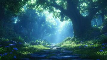 serene forest path illuminated by soft sunlight filtering through lush green trees creates magical atmosphere. vibrant foliage and delicate flowers enhance enchanting scene photo