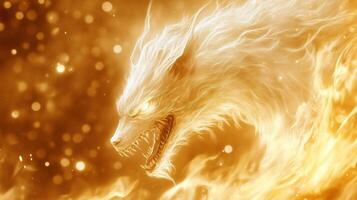 fierce and majestic wolf like creature emerges from swirling flames, radiating golden glow. Its fiery mane and intense gaze evoke sense of power and mystique photo
