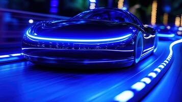 sleek, futuristic car illuminated by vibrant blue lights speeds along dynamic track, showcasing advanced design and technology. atmosphere is energetic and modern, capturing essence of innovation photo