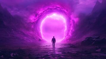 figure stands before glowing purple portal in mystical landscape, surrounded by dark mountains and ethereal atmosphere. scene evokes sense of wonder and exploration photo