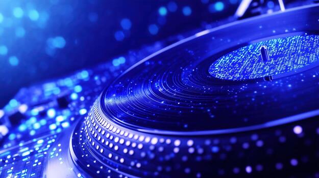 close up view of vinyl record on turntable, illuminated by blue lights, creating vibrant and dynamic atmosphere. intricate grooves of record are highlighted, evoking sense of nostalgia and musical photo