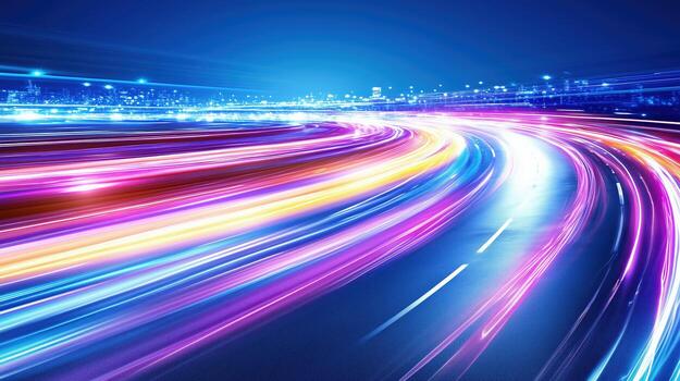 Vibrant light trails create dynamic scene of motion on city road at night, showcasing energy and speed of urban life photo