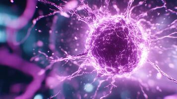 vibrant purple cell with glowing tendrils radiates energy, representing intricate beauty of cellular structures. This captures essence of life at microscopic level, evoking sense of wonder and photo