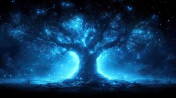 mystical tree illuminated by blue light stands majestically in dark, enchanting landscape, surrounded by soft glow and ethereal particles, creating serene atmosphere photo