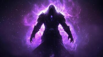 mysterious figure cloaked in dark robes stands against vibrant purple cosmic background, exuding aura of power and intrigue. ethereal glow enhances enigmatic presence, captivating viewer photo