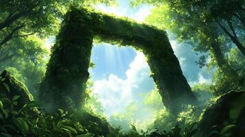 mystical stone archway covered in lush green vines stands amidst vibrant forest, illuminated by soft sunlight filtering through trees, creating serene and enchanting atmosphere photo