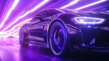 sleek black car with glowing purple lights speeds through vibrant tunnel, creating dynamic sense of motion and energy. futuristic design and vivid colors evoke excitement and innovation photo