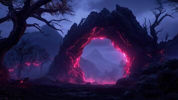 mystical landscape featuring glowing archway surrounded by dark trees and mountains. vibrant pink light contrasts with eerie atmosphere, creating sense of wonder and intrigue photo