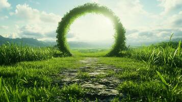 serene landscape featuring stone path leading through lush green grass towards circular arch covered in vines, illuminated by soft sunlight. scene evokes sense of tranquility and wonder photo