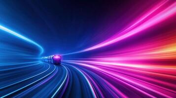 Vibrant light trails create dynamic scene of train moving through futuristic landscape, showcasing blend of blue and pink hues that evoke sense of speed and motion photo