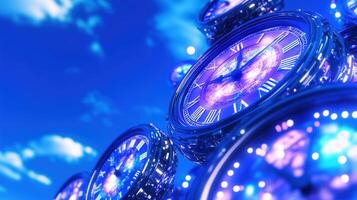 Timepieces in vibrant blue setting create mesmerizing visual effect, showcasing intricate designs and glowing elements. clocks symbolize passage of time and evoke sense of wonder photo