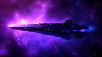 futuristic spaceship glides through vibrant cosmic landscape filled with purple and blue nebulae, creating sense of wonder and exploration in vastness of space photo