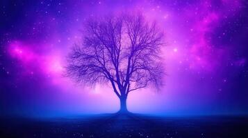 solitary tree stands against vibrant purple and blue cosmic backdrop, creating serene and mystical atmosphere. starry sky enhances enchanting scene, evoking sense of wonder and tranquility photo