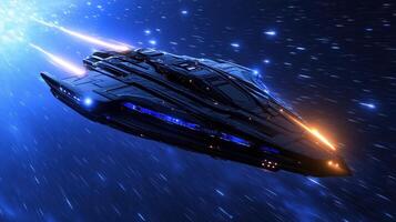 futuristic spaceship glides through cosmos, emitting bright blue and orange lights as it travels at high speed. scene captures essence of space exploration and adventure photo