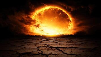 dramatic sunset casts intense orange glow over cracked landscape, evoking feelings of desolation and awe. horizon is silhouetted against fiery sky, creating striking contrast photo