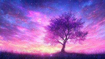 stunning tree silhouette against vibrant cosmic sky filled with stars and colorful clouds creates serene and magical atmosphere photo