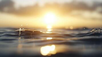 serene beauty of sunset over calm waters creates tranquil atmosphere, with gentle waves reflecting warm hues of sun photo