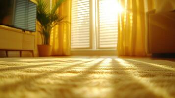 warm and inviting living room scene with sunlight streaming through yellow curtains, casting soft shadows on plush carpet. atmosphere feels cozy and serene, perfect for relaxation photo