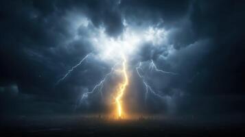 dramatic lightning storm illuminates city skyline, with dark clouds swirling ominously overhead. powerful bolts of lightning create striking contrast against stormy backdrop, evoking sense of awe and photo