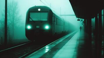 train approaches misty platform, illuminated by eerie green lights, creating mysterious atmosphere. fog envelops scene, enhancing sense of solitude and anticipation photo