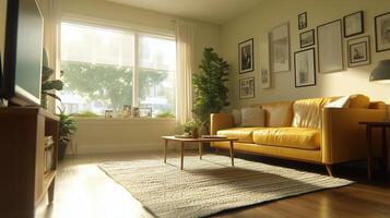 bright and inviting living room featuring yellow sofa, coffee table, and large window that lets in natural light. space is adorned with plants and framed pictures, creating warm atmosphere photo