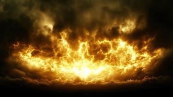 dramatic sky filled with dark clouds illuminated by fiery glow, creating striking contrast. scene evokes sense of awe and intensity, capturing beauty of natures power photo