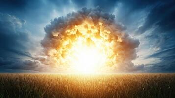 dramatic explosion lights up sky, surrounded by dark clouds and golden field. intense energy and vibrant colors create powerful visual impact photo
