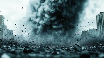 dramatic explosion creates cloud of dust and debris in urban environment, showcasing chaos and destruction of powerful blast. scene captures intensity and impact of event photo