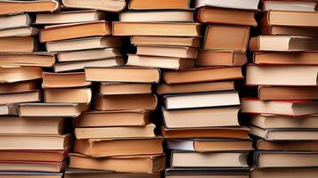 large collection of stacked books in various colors and sizes creates visually appealing and organized chaos. textures and spines of books add depth and character to scene, inviting curiosity and photo