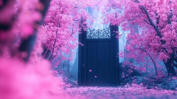 serene scene featuring dark wooden gate surrounded by vibrant pink cherry blossom trees, creating magical and tranquil atmosphere. soft focus enhances dreamlike quality of this enchanting landscape photo