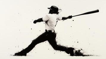 dynamic baseball player swings bat, capturing energy and motion of game. artwork features striking contrast of black and white, emphasizing players form and action photo