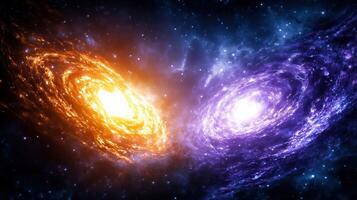 stunning cosmic scene featuring two swirling galaxies, one glowing orange and other vibrant purple, set against backdrop of deep space filled with stars. contrast between warm and cool colors creates photo