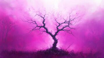 striking tree silhouette stands against vibrant pink background, evoking sense of mystery and beauty. intricate branches create captivating contrast with soft, ethereal hues surrounding it photo