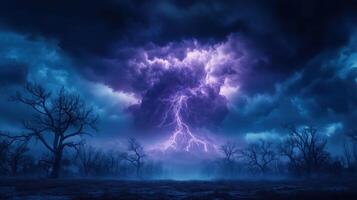 dramatic storm scene featuring dark clouds illuminated by vibrant purple lightning, creating intense atmosphere. barren trees add to eerie and powerful feeling of natures fury photo