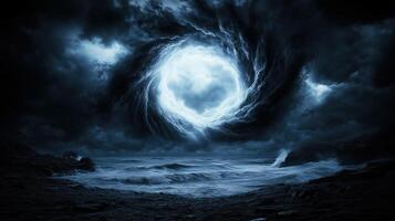 dramatic seascape featuring turbulent waves and swirling, ominous sky. dark clouds create captivating vortex effect, evoking sense of mystery and power in nature photo