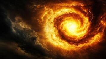 dramatic swirling vortex of fiery orange and yellow light emerges from dark stormy clouds, creating captivating and intense atmosphere. contrast between bright center and surrounding darkness evokes photo