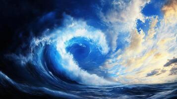 stunning ocean wave rises dramatically against backdrop of vibrant clouds and colorful sky, capturing raw power and beauty of nature. scene evokes sense of awe and tranquility photo